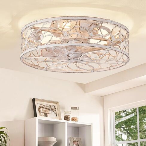 LEDIARY Caged Ceiling Fans with Lights, White Flush Mount Ceiling Fan with Remote&App, Small Low Profile Bladeless Ceiling Fan Light Fixture for Bedroom, Kitchen, Dining Room-White Gold Color in Kuwait