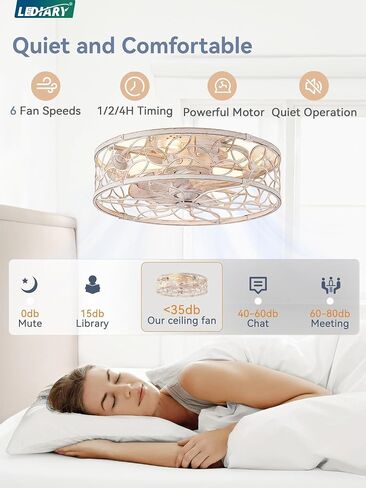 LEDIARY Caged Ceiling Fans with Lights, White Flush Mount Ceiling Fan with Remote&App, Small Low Profile Bladeless Ceiling Fan Light Fixture for Bedroom, Kitchen, Dining Room-White Gold Color in Kuwait