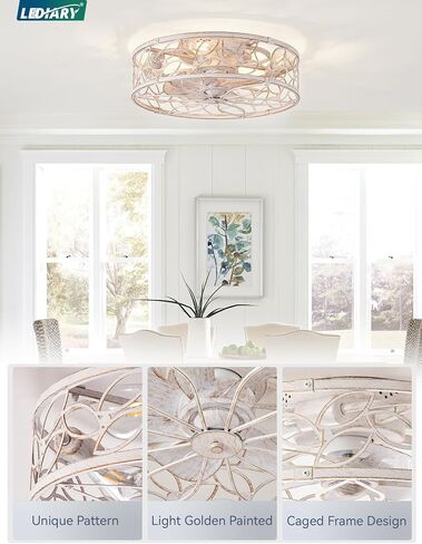 LEDIARY Caged Ceiling Fans with Lights, White Flush Mount Ceiling Fan with Remote&App, Small Low Profile Bladeless Ceiling Fan Light Fixture for Bedroom, Kitchen, Dining Room-White Gold Color in Kuwait