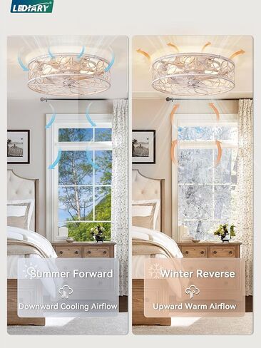 LEDIARY Caged Ceiling Fans with Lights, White Flush Mount Ceiling Fan with Remote&App, Small Low Profile Bladeless Ceiling Fan Light Fixture for Bedroom, Kitchen, Dining Room-White Gold Color in Kuwait