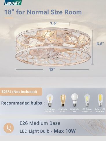 LEDIARY Caged Ceiling Fans with Lights, White Flush Mount Ceiling Fan with Remote&App, Small Low Profile Bladeless Ceiling Fan Light Fixture for Bedroom, Kitchen, Dining Room-White Gold Color in Kuwait