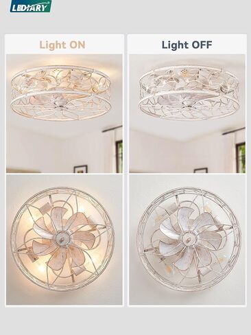 LEDIARY Caged Ceiling Fans with Lights, White Flush Mount Ceiling Fan with Remote&App, Small Low Profile Bladeless Ceiling Fan Light Fixture for Bedroom, Kitchen, Dining Room-White Gold Color in Kuwait