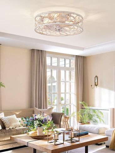 LEDIARY Caged Ceiling Fans with Lights, White Flush Mount Ceiling Fan with Remote&App, Small Low Profile Bladeless Ceiling Fan Light Fixture for Bedroom, Kitchen, Dining Room-White Gold Color in Kuwait