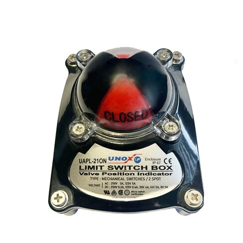 UNOX Limit Switch Box for Pneumatic Actuators, Micro Limit Switch, Aluminum Body, IP67 Waterproof, Position Indicator (0-90), High Temp Range -20°C to 80°C, Connects Namur Directional Valve in Kuwait