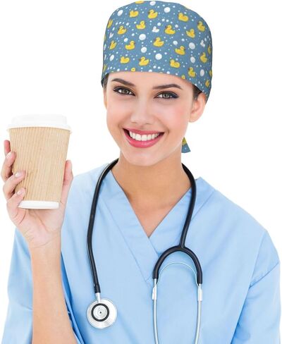 Simplified Duck Bubble Print Scrub Caps Women Men, Nurse Cap Surgical Caps Scrub Hats for Women Men, Adjustable Working Cap with Sweatband Black in Kuwait