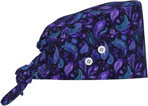 Boho Purple Paisley Floral Print Scrub Caps Women Men, Adjustable Nurse Cap Surgical Caps Scrub Hats for Women Men, Working Cap with Buttons for Hanging Face Masks in Kuwait