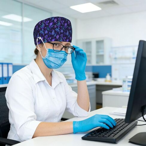 Boho Purple Paisley Floral Print Scrub Caps Women Men, Adjustable Nurse Cap Surgical Caps Scrub Hats for Women Men, Working Cap with Buttons for Hanging Face Masks in Kuwait