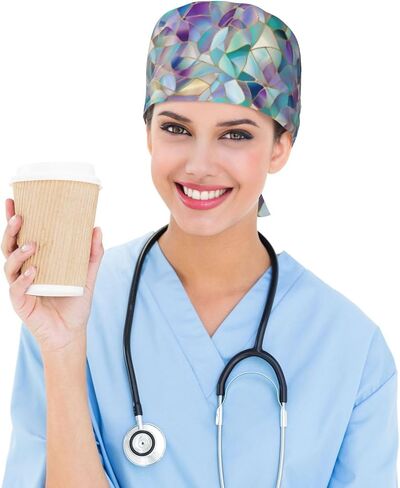 Modern Stained Glass Print Scrub Caps Women Men, Nurse Cap Surgical Caps Scrub Hats for Women Men, Adjustable Working Cap with Sweatband Black in Kuwait