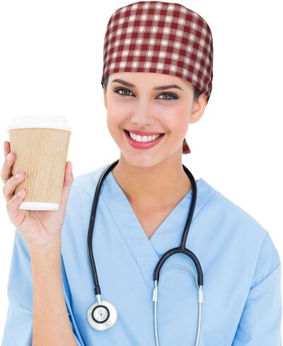 Cream Red Plaid Print Scrub Caps Women Men, Nurse Cap Surgical Caps Scrub Hats for Women Men, Adjustable Working Cap with Sweatband in Kuwait
