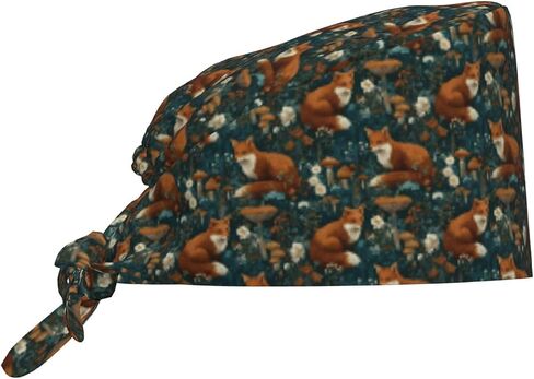 Retro Fox Mushroom Daisy A Print Scrub Caps Women Men, Nurse Cap Surgical Caps Scrub Hats for Women Men, Adjustable Working Cap with Sweatband Black in Kuwait
