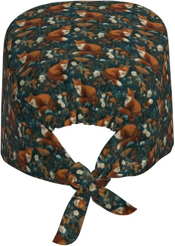 Retro Fox Mushroom Daisy A Print Scrub Caps Women Men, Nurse Cap Surgical Caps Scrub Hats for Women Men, Adjustable Working Cap with Sweatband Black in Kuwait