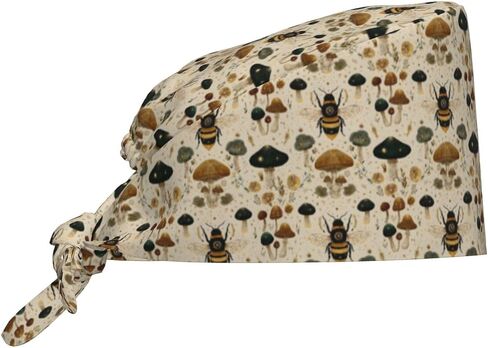 Retro Mushroom Bee Print Scrub Caps Women Men, Nurse Cap Surgical Caps Scrub Hats for Women Men, Adjustable Working Cap with Sweatband Black in Kuwait