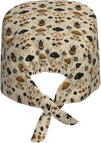 Retro Mushroom Bee Print Scrub Caps Women Men, Nurse Cap Surgical Caps Scrub Hats for Women Men, Adjustable Working Cap with Sweatband Black in Kuwait