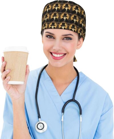 Retro Funny Raven Gentleman A Print Scrub Caps Women Men, Nurse Cap Surgical Caps Scrub Hats for Women Men, Adjustable Working Cap with Sweatband Black in Kuwait