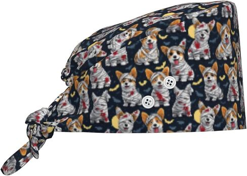 Kawaii Corgi Mummy Bat Print Scrub Caps Women Men, Adjustable Nurse Cap Surgical Caps Scrub Hats for Women Men, Working Cap with Buttons for Hanging Face Masks Black in Kuwait