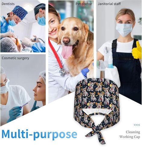 Kawaii Corgi Mummy Bat Print Scrub Caps Women Men, Adjustable Nurse Cap Surgical Caps Scrub Hats for Women Men, Working Cap with Buttons for Hanging Face Masks Black in Kuwait