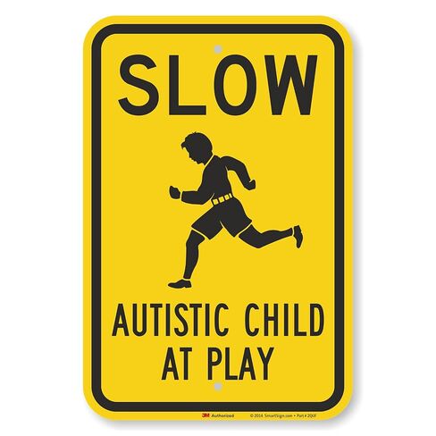 SmartSign 18 × 12 بوصة "Slow - Autistic Child At Play" لافتة معدنية، 63 مل ألومنيوم، مادة عاكسة من الدرجة الهندسية 3M، أسود، فضي وأصفر، صنع في الولايات المتحدة الأمريكية in Kuwait
