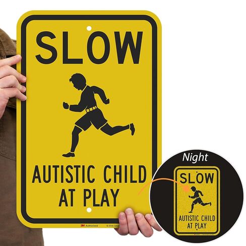 SmartSign 18 × 12 بوصة "Slow - Autistic Child At Play" لافتة معدنية، 63 مل ألومنيوم، مادة عاكسة من الدرجة الهندسية 3M، أسود، فضي وأصفر، صنع في الولايات المتحدة الأمريكية in Kuwait