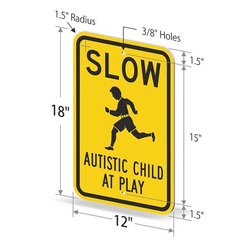 SmartSign 18 × 12 بوصة "Slow - Autistic Child At Play" لافتة معدنية، 63 مل ألومنيوم، مادة عاكسة من الدرجة الهندسية 3M، أسود، فضي وأصفر، صنع في الولايات المتحدة الأمريكية in Kuwait