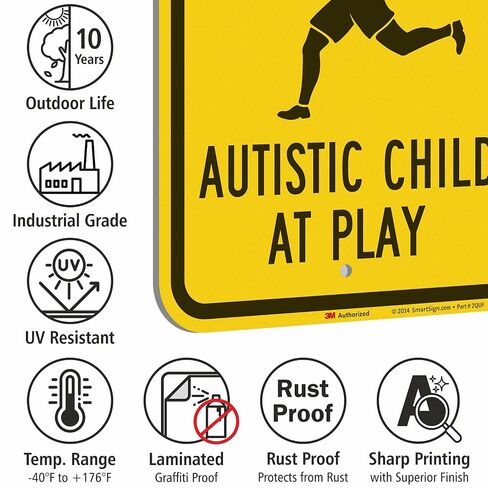 SmartSign 18 × 12 بوصة "Slow - Autistic Child At Play" لافتة معدنية، 63 مل ألومنيوم، مادة عاكسة من الدرجة الهندسية 3M، أسود، فضي وأصفر، صنع في الولايات المتحدة الأمريكية in Kuwait