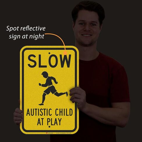 SmartSign 18 × 12 بوصة "Slow - Autistic Child At Play" لافتة معدنية، 63 مل ألومنيوم، مادة عاكسة من الدرجة الهندسية 3M، أسود، فضي وأصفر، صنع في الولايات المتحدة الأمريكية in Kuwait