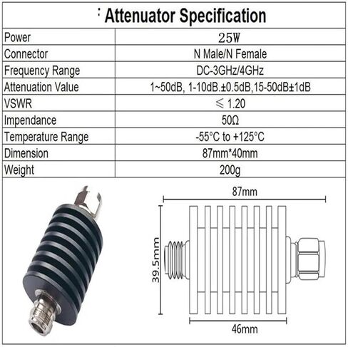 المخفف 25 واط N نوع المخفف DC-3Ghz/4Ghz 1/2/3/5/6/10/15/20/25/30/40/50db N ذكر التوصيل إلى أنثى جاك موصل الطاقة المحوري 50ohm (3db، 4G) in Kuwait