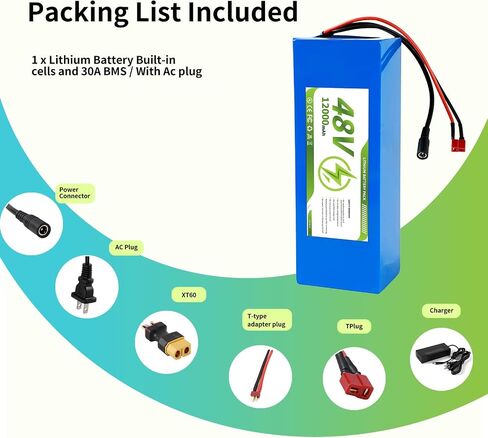 48V12Ah lithium battery, equipped with 30A battery management system and waterproof polyvinyl chloride casing, T-connector/XT60 interface, supporting 0 - 1000W motor power, suitable for DIY projects. in Kuwait