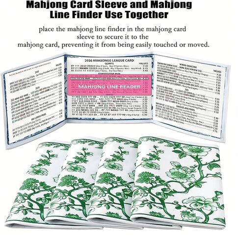 Chinoiserie Mahjong Card Holder and 4pcs Mahjong line Finder Chinoiserie Print Mahjong Card Sleeve Large Size 6 1/8"x4 3/4"Soft Printed Fabric Scorecard (Green) in Kuwait