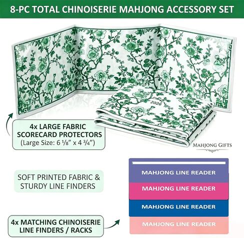 Chinoiserie Mahjong Card Holder and 4pcs Mahjong line Finder Chinoiserie Print Mahjong Card Sleeve Large Size 6 1/8"x4 3/4"Soft Printed Fabric Scorecard (Green) in Kuwait