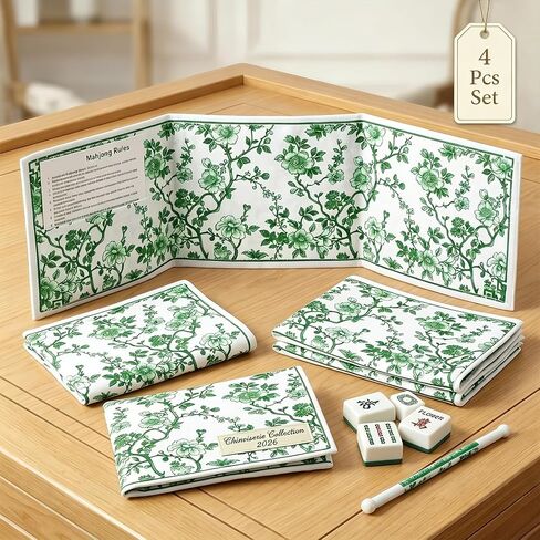 Chinoiserie Mahjong Card Holder and 4pcs Mahjong line Finder Chinoiserie Print Mahjong Card Sleeve Large Size 6 1/8"x4 3/4"Soft Printed Fabric Scorecard (Green) in Kuwait