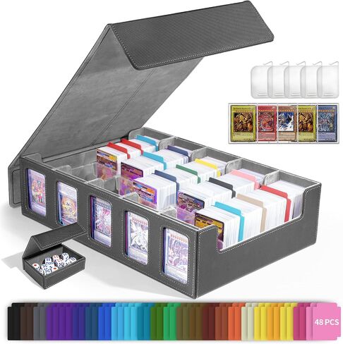 Trading Card Storage Box with Commander Display, 5-Row Deck Case with Removable Lid, 3900+ Cards Deck Case with 48 Colorful Dividers, Magic Card Organizer for TCG PTCG, Black Grey in Kuwait