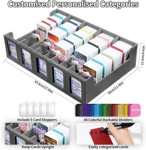 Trading Card Storage Box with Commander Display, 5-Row Deck Case with Removable Lid, 3900+ Cards Deck Case with 48 Colorful Dividers, Magic Card Organizer for TCG PTCG, Black Grey in Kuwait