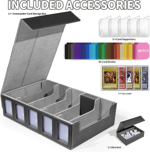 Trading Card Storage Box with Commander Display, 5-Row Deck Case with Removable Lid, 3900+ Cards Deck Case with 48 Colorful Dividers, Magic Card Organizer for TCG PTCG, Black Grey in Kuwait