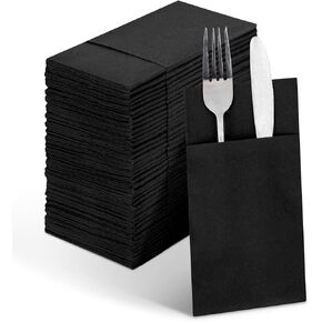 مناديل ورقية سوداء بملمس الكتان، قماش مثل مناديل العشاء مع جيب مدمج لأدوات المائدة، مناشف يد ورقية للضيوف قابلة للامتصاص ومطوية مسبقًا للحمام وحفلات الزفاف (50 عبوة) in Kuwait