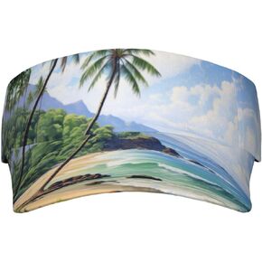 Hawaiian Beach with Palm Trees Print Sports Sun Visor Hats Adjustable Running Golf Tennis Sun Cap for Women Men Black in Saudi Arabia