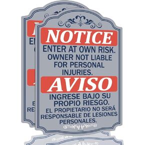 Notice Enter At Own Risk Owner Not Liable For Personal Injuries Bilingual Metal Not Responsible Aviso Entre Bajo Su Propio Riesgo English Spanish Security Signs 14x10 Inches Rust Free Aluminum Weatherproof Easy To Install 2 Pack in Kuwait