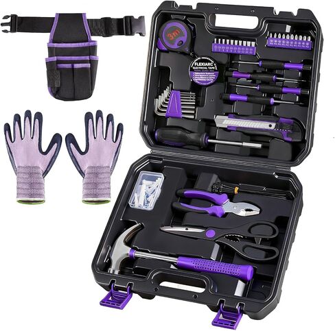 General Household Tool Set - Purple Hand Tool Kit with Waist Pouch & Gloves, Tool Kit for Women Everyday Home Repairs, DIY and Crafts, 112 pcs in Kuwait