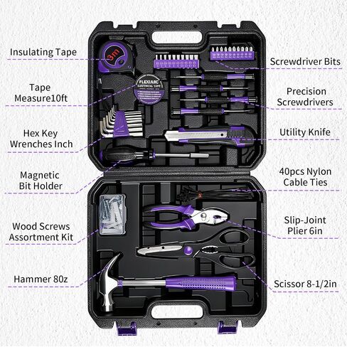 General Household Tool Set - Purple Hand Tool Kit with Waist Pouch & Gloves, Tool Kit for Women Everyday Home Repairs, DIY and Crafts, 112 pcs in Kuwait