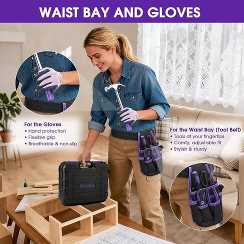 General Household Tool Set - Purple Hand Tool Kit with Waist Pouch & Gloves, Tool Kit for Women Everyday Home Repairs, DIY and Crafts, 112 pcs in Kuwait