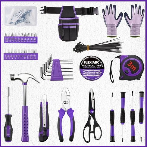 General Household Tool Set - Purple Hand Tool Kit with Waist Pouch & Gloves, Tool Kit for Women Everyday Home Repairs, DIY and Crafts, 112 pcs in Kuwait
