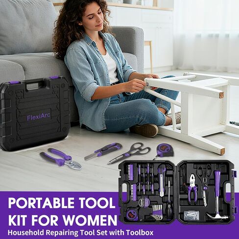 General Household Tool Set - Purple Hand Tool Kit with Waist Pouch & Gloves, Tool Kit for Women Everyday Home Repairs, DIY and Crafts, 112 pcs in Kuwait