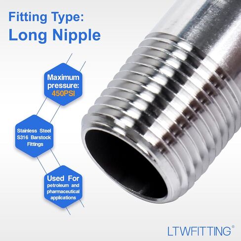 LTWFITTING الفولاذ المقاوم للصدأ 316 الأنابيب 3-1/2 بوصة طويلة الحلمة المناسب 1/2 بوصة ذكر NPT (حزمة من 2) in Kuwait