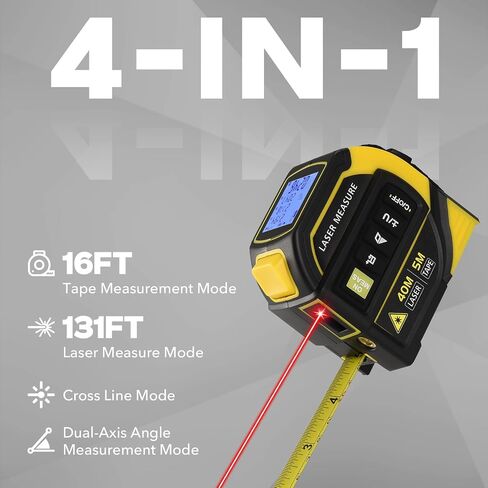 4-in-1 Laser Tape Measure - Class 2, 131FT Laser Distance Meter, 16FT AutoLock Tape Measure, Cross-Line Laser Level, Dual-Axis Electronic Angle, LCD Display, for DIY, Construction Projects in Kuwait