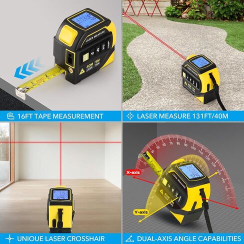 4-in-1 Laser Tape Measure - Class 2, 131FT Laser Distance Meter, 16FT AutoLock Tape Measure, Cross-Line Laser Level, Dual-Axis Electronic Angle, LCD Display, for DIY, Construction Projects in Kuwait