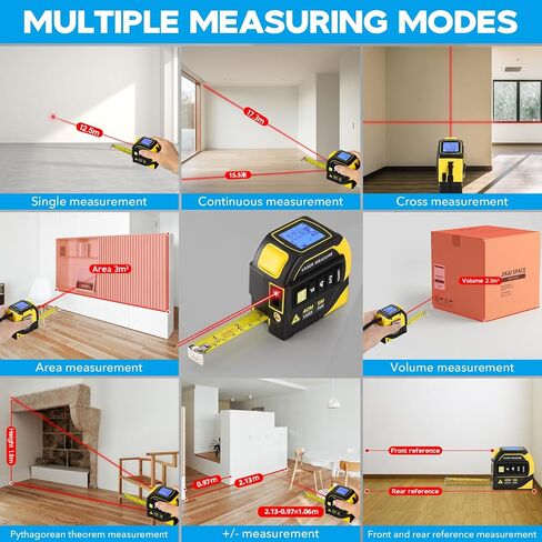 4-in-1 Laser Tape Measure - Class 2, 131FT Laser Distance Meter, 16FT AutoLock Tape Measure, Cross-Line Laser Level, Dual-Axis Electronic Angle, LCD Display, for DIY, Construction Projects in Kuwait