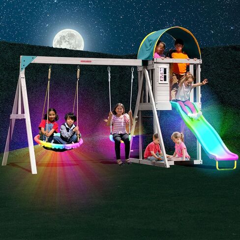 Sportspower Amelia Galaxy Cedar Wooden Swing Set for Night Play with 2 LED Swings, Play Fort, Sandbox, Heavy Duty Double A-Frame, on 6ft LED Slide, Bonus Anchor Kit in Kuwait