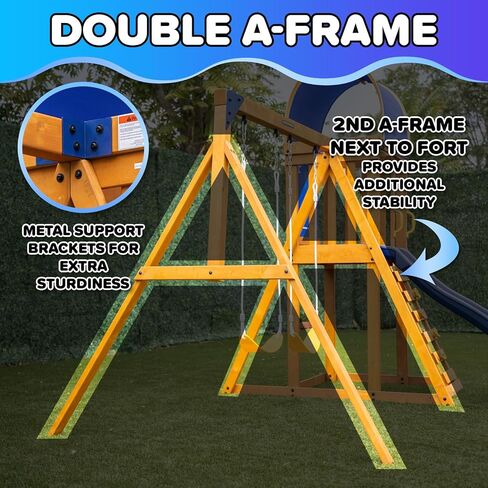Sportspower Amelia Galaxy Cedar Wooden Swing Set for Night Play with 2 LED Swings, Play Fort, Sandbox, Heavy Duty Double A-Frame, on 6ft LED Slide, Bonus Anchor Kit in Kuwait