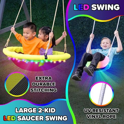 Sportspower Amelia Galaxy Cedar Wooden Swing Set for Night Play with 2 LED Swings, Play Fort, Sandbox, Heavy Duty Double A-Frame, on 6ft LED Slide, Bonus Anchor Kit in Kuwait