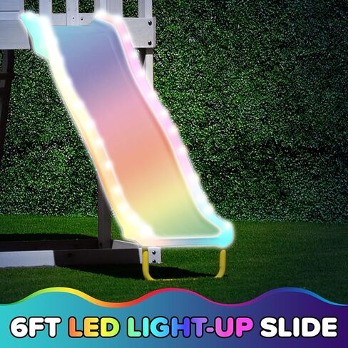Sportspower Amelia Galaxy Cedar Wooden Swing Set for Night Play with 2 LED Swings, Play Fort, Sandbox, Heavy Duty Double A-Frame, on 6ft LED Slide, Bonus Anchor Kit in Kuwait