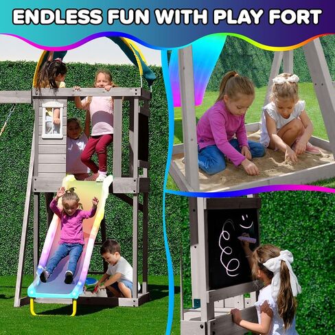 Sportspower Amelia Galaxy Cedar Wooden Swing Set for Night Play with 2 LED Swings, Play Fort, Sandbox, Heavy Duty Double A-Frame, on 6ft LED Slide, Bonus Anchor Kit in Kuwait